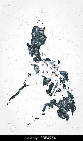 Nuages de mots des régions Philippines. Forme de pays sur fond texturé. Philippines design dans un style typographique. Illustration vectorielle impressionnante. Illustration de Vecteur