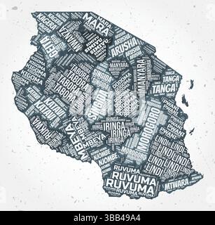 Nuages de mots des régions de Tanzanie. Forme de pays sur fond texturé. Design Tanzanie dans un style typographique. Illustration vectorielle créative. Illustration de Vecteur