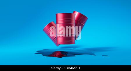 Trois barils de pétrole métalliques rouges survolent une flaque de pétrole brut déversée sur fond bleu. Bassin de pétrole noir. Concept industriel. illustration de rendu 3d. Banque D'Images