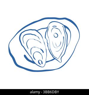 Deux huîtres sur une assiette ronde dessinées à la main avec des lignes inégales dans un style de croquis minimal Illustration de Vecteur