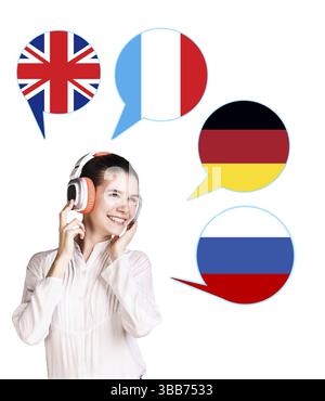Jeune femme entourée de bulles de dialogue avec les drapeaux des pays. Allemagne, Grande-Bretagne, Russie, Tchèque. Apprentissage du concept de langues étrangères, Europe Banque D'Images