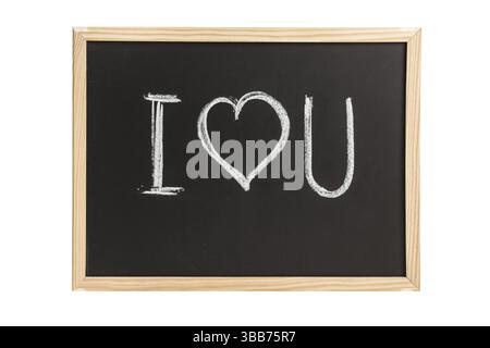 Tableau noir, cadre en bois avec i Love You note isolé sur blanc Banque D'Images