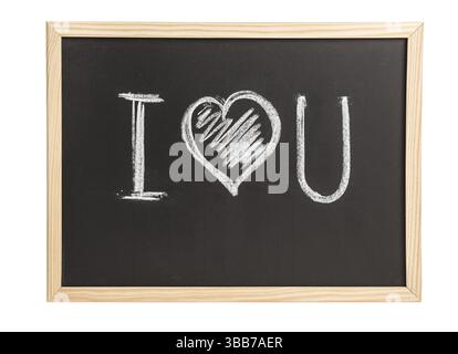 Tableau noir, cadre en bois avec i Love You note isolé sur blanc Banque D'Images