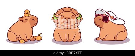 Dessins capybara adorables - créature joyeuse souriante avec des mandarines, rongeur détendu portant des lunettes de soleil et un chapeau, animal assis avec un hamburger sur la tête. Jolies illustrations capibara kawaii drôles. Illustration de Vecteur