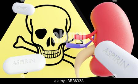 Un rendu 3d du système rénal ou du système urinaire, le symbole du crâne et des os croisés et l'aspirine des pilules. Banque D'Images