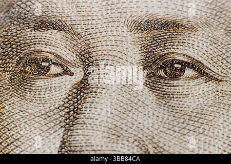 Tir perdant extrême du visage de Mao Zedongs, président du Parti communiste chinois, sur un billet chinois de 20 yuans Banque D'Images