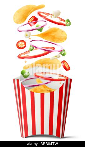 Chips de pomme de terre. Savoureuses frites assaisonnées avec oignons, poivrons et rondelles de piment, tombant dans une boîte de frites en papier rouge et blanc rayé, isolé sur Illustration de Vecteur