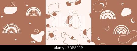 Ensemble de trois motifs pour enfants sans couture avec des arcs-en-ciel, des taches et des croissants dessinés dans des couleurs bohème. Illustration de Vecteur