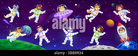 Dessin animé astronautes animaux drôles dans l'espace extra-atmosphérique de galaxie, personnages d'astronautes spatiaux vectoriels. Animaux de zoo de dessins animés astronautes dans les combinaisons spatiales, chat dans l'OVNI extraterrestre et ours dans la navette de fusée, lion et panda dans le ciel de l'espace Illustration de Vecteur