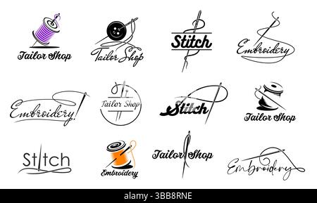 Boutique de tailleur, broderie et icônes de point avec aiguilles à coudre vectorielles, fil, bouton et épingle. Symboles d'outils de couture en ligne mince, magasin de tailleur, atelier de couture, atelier de créateur de mode ou emblèmes de studio Illustration de Vecteur