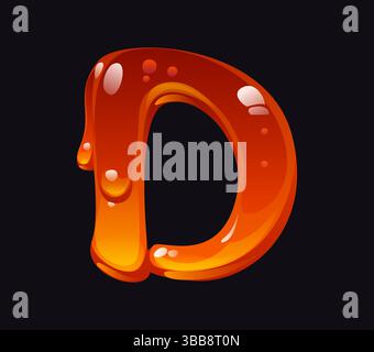 Lettre de police de dessin animé de miel fluide D. Sweet Amber flow ABC élément, signe de typeset vecteur caramel liquide de dessin animé. Savoureux miel symbole de type alphabet anglais ou lettre de police jaune bonbon Illustration de Vecteur