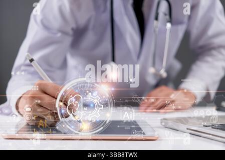 Innovation IA dans le domaine médical. Les médecins utilisent des stylos numériques pour enregistrer des données sur des comprimés. service client de conversation chatbot . Systèmes de santé intelligents c Banque D'Images