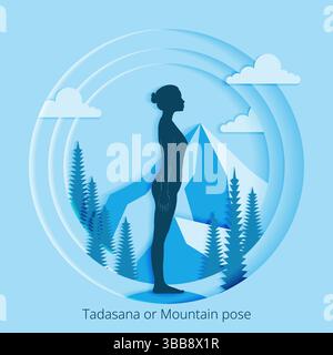 Journée internationale du Yoga. Tadasana ou posture de montagne. Conception découpée en papier. Illustration vectorielle isolée. Illustration de Vecteur