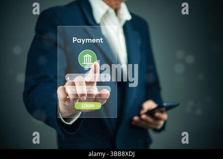 Connexion bancaire en ligne, homme d'affaires accédant au système de paiement numérique, transaction financière sécurisée, authentification de sécurité fintech, technologie bancaire mobile Banque D'Images