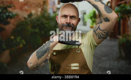 Homme chauve barbu en salopette avec tatouages et gants pose de manière créative à l'extérieur sur une rue pittoresque de la ville. Banque D'Images
