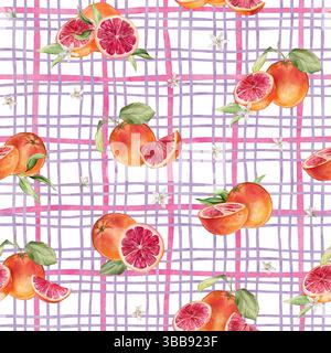 Modèle sans couture avec illustration aquarelle de pamplemousse avec des fleurs blanches sur fond à damier isolé. Imprimé peint à la main avec pamplemousse Banque D'Images