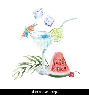 Cocktail bleu dans un gobelet en verre avec paille, glaçons, citron vert, tranche de pastèque, feuille de palmier. Illustration d'aquarelle dessinée à la main isolée. Pour les cartes postales Banque D'Images