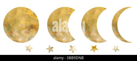 Les phases de la lune et des étoiles sont jaunes. Illustration aquarelle. Le croissant de lune et la pleine lune sont isolés sur un fond blanc. Les eux Banque D'Images