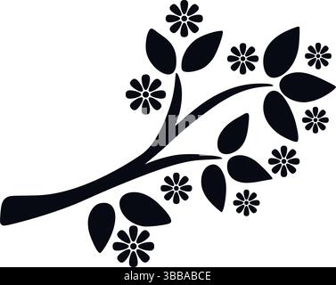 Branche fleurie de silhouette noire d'arbre fruitier. Brindille avec des feuilles et des fleurs. Pomme fleurie, cerise, abricot, pêche, amande. Elément vectoriel Illustration de Vecteur