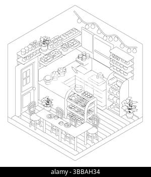 Un café avec une table à manger et des chaises. Il y a des plantes en pot sur la table et en arrière-plan. Vue isométrique Illustration de Vecteur