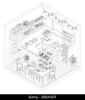 Une illustration vectorielle détaillée d'un intérieur de boulangerie confortable, avec des étagères remplies de pain et de pâtisseries, une table centrale avec des tabourets et une suspension Illustration de Vecteur
