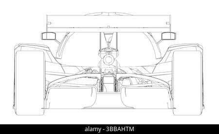Dessin d'une voiture avec un pneu et une roue. Le dessin est en noir et blanc. Vue arrière Illustration de Vecteur