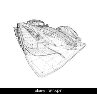 Une voiture est dessinée en noir et blanc avec beaucoup de détails. La voiture est une voiture de sport avec beaucoup de courbes et un design élégant. La voiture est affichée à partir de l'id système Illustration de Vecteur
