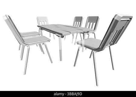 Une table blanche avec six chaises autour. Les chaises sont toutes blanches et n'ont pas de motifs visibles. La table est le centre principal de l'image, et la chaise Illustration de Vecteur