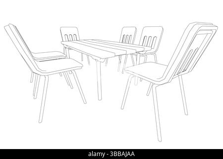 Un dessin noir et blanc d'une table avec quatre chaises autour. Les chaises sont toutes alignées et face à la table. La table est grande et rectangulaire Illustration de Vecteur