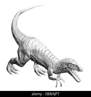 Un dinosaure blanc est représenté sur une photo en noir et blanc. Le dinosaure est représenté comme un prédateur, la bouche ouverte et les dents nues, prêt à attaquer. Co Illustration de Vecteur