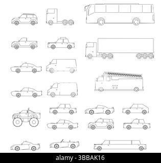 Une collection de différents types de véhicules, y compris des voitures, des camions et des autobus. Les véhicules sont tous dessinés en noir et blanc, avec quelques roues. Côté Illustration de Vecteur
