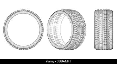 Un pneu est représenté dans trois vues différentes. Le pneu est un gros plan de la jante et du pneu lui-même Illustration de Vecteur