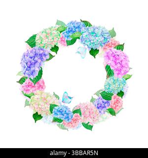 La couronne de fleurs d'hortensia aquarelle est dessinée à la main, composée de fleurs d'hortensia rose, bleu violet, corail et beige, de feuilles et de papillons bleus. Banque D'Images