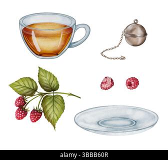 Ensemble de tasse avec des feuilles de framboise, des baies mûres et un infuseur de thé en métal, dessinant dans le style aquarelle. Convient pour l'emballage de thé, la décoration de cuisine, la conception de produits à base de plantes et la marque de café. Banque D'Images