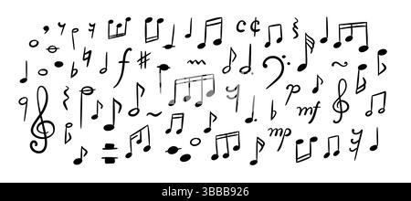 Ensemble de notes de musique et de signes de griffonnage à la main. Fond de gribouillage de crayon. Illustration vectorielle d'esquisse manuscrite. Symboles sonores de mélodie. Caprices Illustration de Vecteur