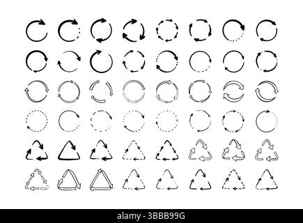 Ensemble de symboles de recyclage de doodle dessinés à la main, de réutilisation, de rafraîchissement. Rotation ronde flèche pointillée. Mouvement du tableau de bord, signe de mouvement. Crayon Eco Friendly concepts Illustration de Vecteur