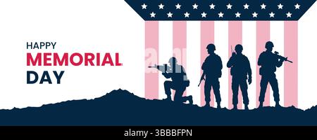 Bonne bannière du jour du souvenir, hommage aux soldats silhouettés, fond de drapeau américain Illustration de Vecteur