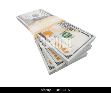 Piles de milliers de billets de cent dollars isolés sur un fond blanc. Banque D'Images