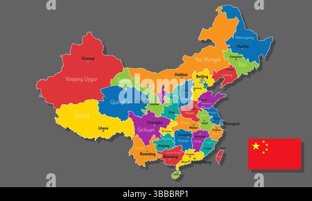 Carte vectorielle de la Chine avec des noms de villes et avec des villes de frontières Illustration de Vecteur