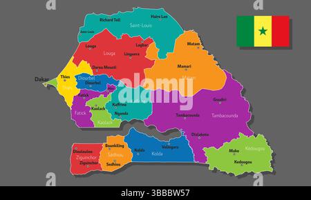Carte vectorielle du Sénégal avec les noms des villes et avec les frontières ville Illustration de Vecteur