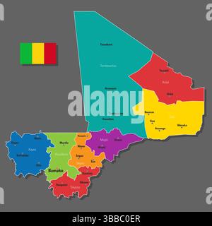 Carte vectorielle du Mali avec des noms de villes et avec des frontières ville Illustration de Vecteur