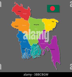 Carte vectorielle du Bangladesh avec des noms de villes et avec des villes de frontières Illustration de Vecteur