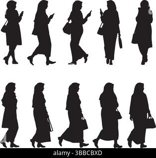 Hijabi femmes silhouettes marchant avec téléphone et sacs – illustration vectorielle noire de 8 figures féminines sans ombres Illustration de Vecteur