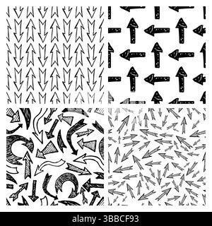 Modèle sans couture avec flèches noires dessinées à la main. Ensemble de quatre arrière-plans abstraits créatifs. Illustration vectorielle Illustration de Vecteur