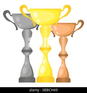 Ensemble de coupes de champion de trophée vectoriel en or, argent et bronze. Prix de championnat pour la première, deuxième et troisième place. Symboles de victoire isolés sur Whit Illustration de Vecteur