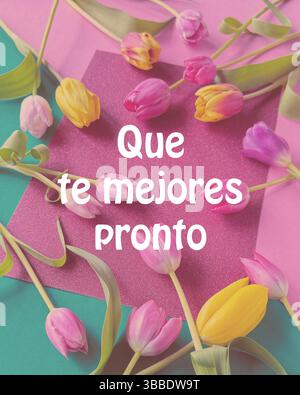 Tulipes éclatantes en rose, jaune et violet disposées sur un fond rose et vert avec le texte espagnol « que te mejores Pronto » ou Get-well-soon in Banque D'Images