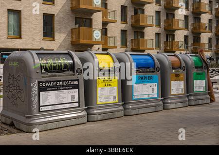 Wroclaw, Pologne-13 avril 2025 : conteneurs à déchets souterrains modernes à code couleur pour la collecte séparée des déchets mélangés, plastiques, papier, bio et verre Banque D'Images