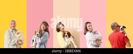 Collage de propriétaires heureux avec leurs animaux domestiques sur fond de couleur Banque D'Images