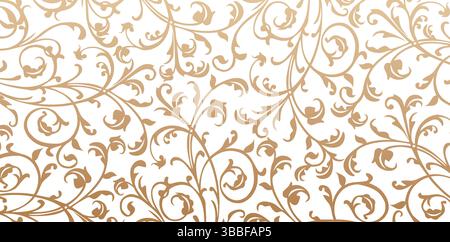 Papier peint floral doré avec des tourbillons sur un fond blanc éléments de motif sans couture dans le style de défilement baroque texturé pour les invitations Illustration de Vecteur