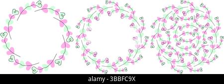 Brindilles en forme de coeur dessinées à la main sur des taches en forme de coeur Confetti Shades Circle Frames et fond ensemble. Cartes thématiques de voeux d'illustration vectorielle isolée, affiche, dépliant, bannière, prix, etiquette ou bande Illustration de Vecteur